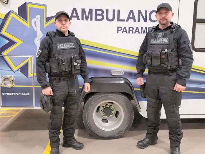 Two of the four members of the new Tactical Emergency Medical Support (TACMEDS) unit, who have been specially trained to provide on-the-spot care to police, victims, or others affected by a high-risk event. The unit will not be armed, but will be equipped with all the same protective equipment that tactical law enforcement officers have. (Photo courtesy of Peterborough Police Service)