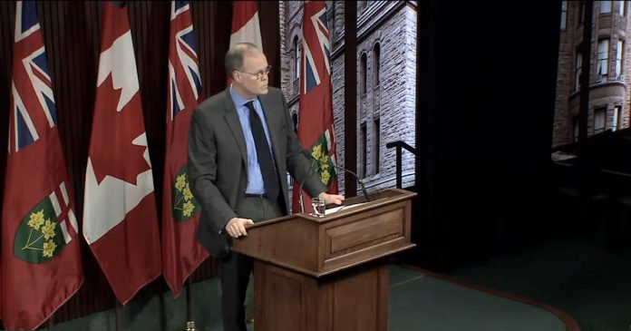 Adalsteinn Brown, the dean of the Dalla Lana School of Public Health at the University of Toronto, presenting updated COVID-19 modelling projections at a media conference at Queen's Park on January 12, 2021. (CPAC screenshot)
