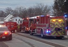 Northumberland OPP and Cramahe Township Fire Department vehicles responding to a house fire in the town of Colborne on January 6, 2021, which claimed the life of a 45-year-old woman. (Photo; OPP)