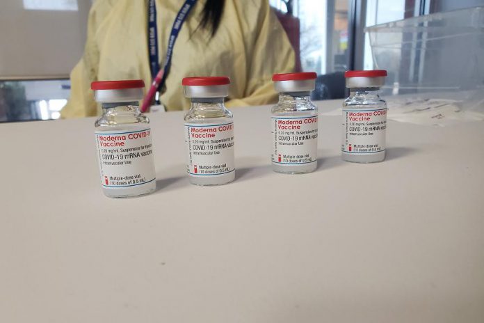 Vials of the Moderna COVID-19 vaccine ready to be administered to residents of Fairhaven long-term care home in Peterborough. Peterborough Public Health received the first 500 doses of the vaccine on January 25, 2021. (Photo: Peterborough Public Health)