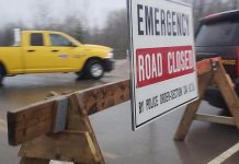 A road closure sign on Highway 28 near Woodview following a head-on collision in February 2019. (Photo courtesy of Geri-Lynn Cajindos)
