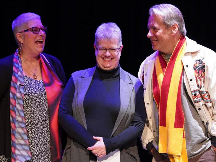 Nogojiwanong Indigenous Fringe Festival co-founders during the original 2020 announcement of the Nogojiwanong Indigenous Fringe Festival, before it was postponed until 2021 because of the pandemic. Pictured are Joeann Argue, assistant professor in Indigenous performance at Trent University, Lee Bolton, theatre coordinator of Nozhem First Peoples Performance Space at Trent University, and Drew Hayden Taylor, the award-winning Indigenous playwright, author, columnist, and filmmaker. (Supplied photo)