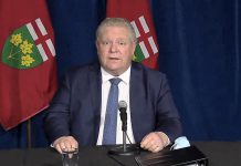 At a media conference on January 29, 2021, Ontario Premier Doug Ford announced mandatory on-arrival testing of international travellers at Toronto Pearson International Airport effective February 1, along with other new measures. (CPAC screenshot)