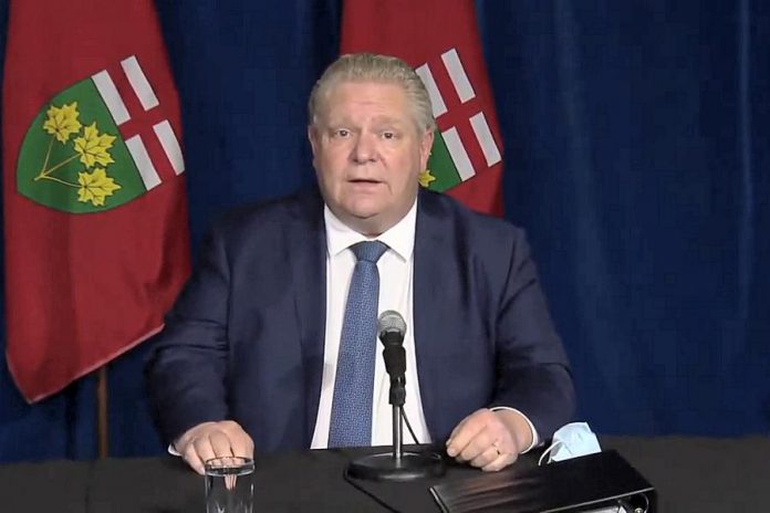 At a media conference on January 29, 2021, Ontario Premier Doug Ford announced mandatory on-arrival testing of international travellers at Toronto Pearson International Airport effective February 1, along with other new measures. (CPAC screenshot)