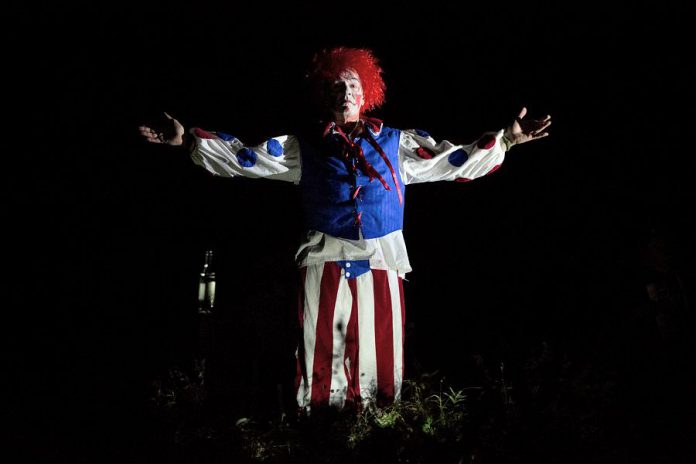 Jack Nicholsen in 4th Line Theatre's "Bedtime Stories and Other Horrifying Tales" written by Kim Blackwell and Lindy Finlan. The COVID-safe play was presented outdoors at the Millbrook farm in October 2020, and was the theatre company's only production during the pandemic. (Photo: Wayne Eardley / Brookside Studio)