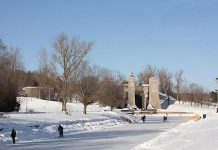 Skaters on the Trent canal south of the Peterborough Lift Lock in 2016. The canal will be open for skating once city crews have finished clearing snow and preparing the ice surface. COVID-19 health and safety protocols will be in effect once the canal is open for skating; check for the green flag. (File photo)