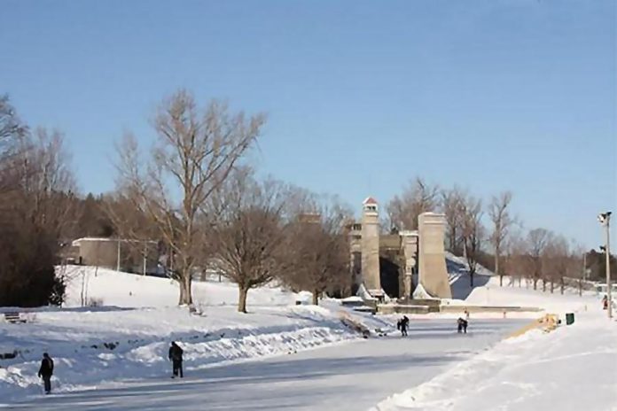 Skaters on the Trent canal south of the Peterborough Lift Lock in 2016. The canal will be open for skating once city crews have finished clearing snow and preparing the ice surface. COVID-19 health and safety protocols will be in effect once the canal is open for skating; check for the green flag. (File photo)