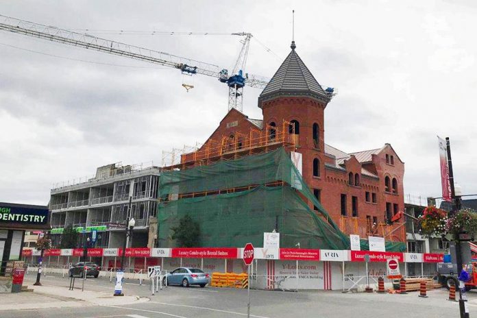 Atria Development purchased the former Peterborough YMCA building in 2014 to convert it into a 136-suite luxury apartment building. A giant construction crane has been installed at the site since summer 2019. (Photo: Atria Development)