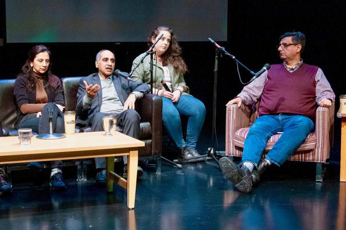 Arzu Yildiz (left, originally from Turkey), Abdulrahman Matar (second from left, originally from Syria), and Luis Nájera (right, originally from México) participating in a February 2020 panel discussion at Trent University organized by James Cullingham. The three refugee journalists are profiled in Cullingham's upcoming documentary "The Cost of Freedom - Refugee Journalists in Canada". (Photo: Ben Wolfe, courtesy of Tamarack Productions)