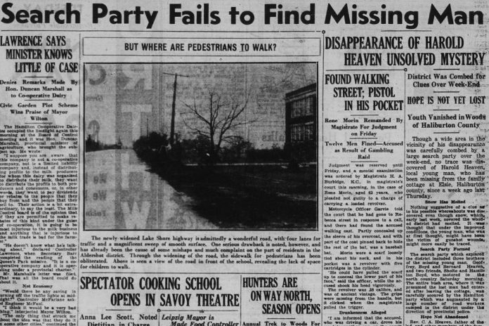 A headline story about Harold Heaven's disappearance from the Hamilton Spectator on November 5, 1934. (Supplied photo)