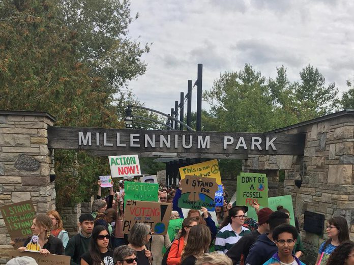 On September 27, 2019, youth in Peterborough led a protest march to local federal political candidates' campaign offices as part of The Global Climate Strike protest. This youth-led global protest movement took place in 4,500 locations in 150 countries and is one of the largest movements of its kind in history. (Photo: Leif Einarson)
