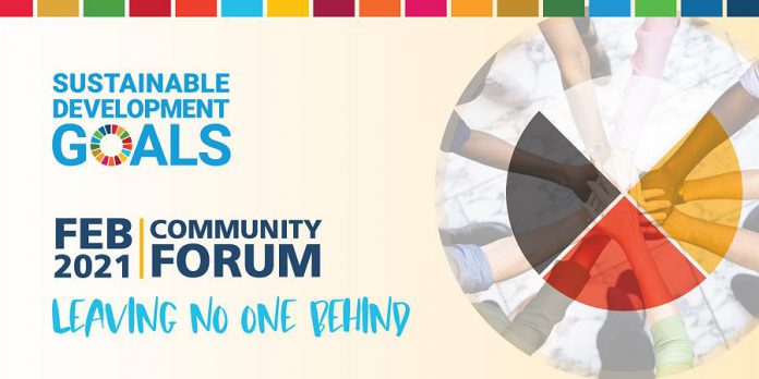 Hosted by Kawartha World Issues Centre and Peterborough GreenUP, "Leaving No One Behind" is a free  community forum on advancing local action on four of the United Nations' 17 sustainable development goals. It takes place virtually on February 24 and 25, 2021. Register at advancingthesdgscommunityforum.eventbrite.com. (Graphic: KWIC/GreenUP)