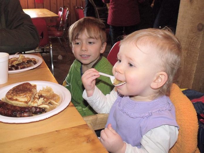 Evan looks on as his little sister Maisie tastes her first-ever maple syrup coated pancake at the Sandy Flat Sugar Bush in Warkworth. Without effective forestry management plans, climate change may make history of such sweet sugar bush memories for future generations growing up in southern Ontario. (Photo: Jackie Donaldson)