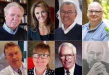 The 2021 inductees into Junior Achievement of Northern and Eastern Ontario's Peterborough Business Hall of Fame (clockwise from top left): Tony Ambler, Simone Dobson, John Gillespie, Allan Hill, Joe Sabatino, Allan Gillis, Amy Simpson, and Franz Roessl. (Supplied photos)