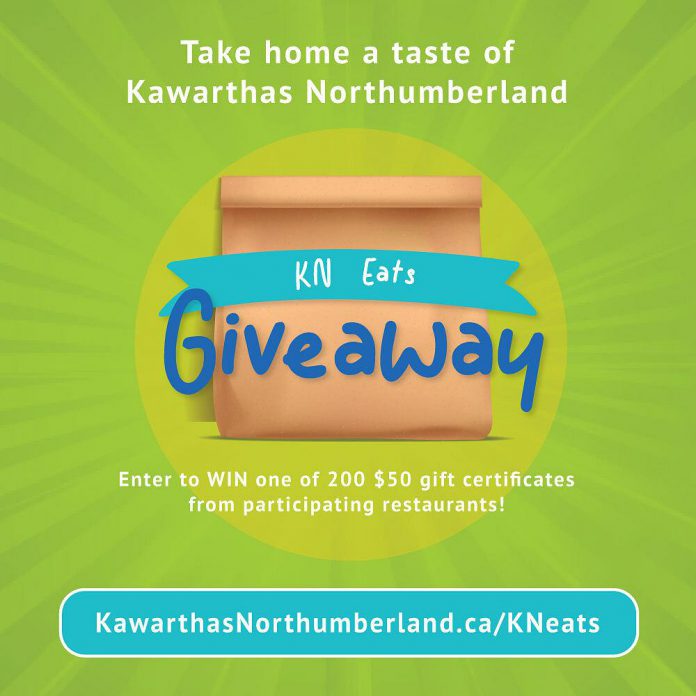 Experience the flavours of Kawarthas Northumberland in the KN Eats Giveaway contest, where you can win one of 200 $50 gift certificates for dinner at a local independent restaurant in the City of Peterborough, Peterborough County, or the City of Kawartha Lakes. Enter the contest at kawarthasnorthumberland.ca/kneats. (Graphic courtesy of Kawarthas Northumberland)