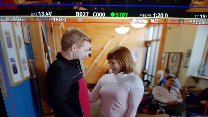 Peterborough actor Naomi Duvall as ski-mom Margaret Ainsley fawning over champion ski-racer Justin O'Neill (Trevor Donovan) in a deleted scene from the Hallmark feature-length film "Two for the Win". (Supplied photo)