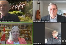 Bancroft mayor Paul Jenkins, the town's strategic planner Malcolm Hunt, federal minister of infrastructure and communities Catherine McKenna, and Hastings-Lennox and Addington MPP Daryl Kramp participate in a virtual announcement of almost $1.4 million in federal and provincial funding for the new North Hastings Community Hub. (Screenshot)