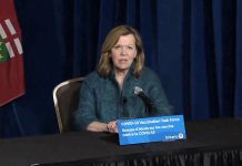 Ontario health minister Christine Elliott responds to a reporter's question during a media briefing on the province's COVID-19 vaccination plan at Queen's Park on February 19, 2021. (CPAC screenshot)