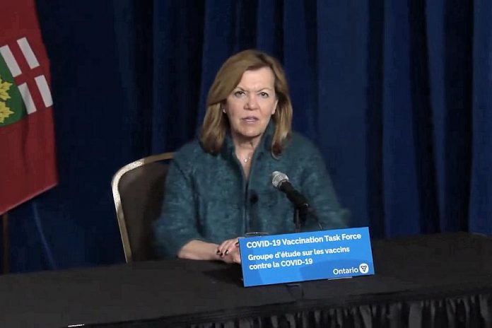 Ontario health minister Christine Elliott responds to a reporter's question during a media briefing on the province's COVID-19 vaccination plan at Queen's Park on February 19, 2021. (CPAC screenshot)