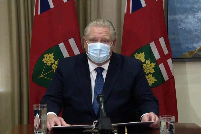 Before a teleconference with Ontario municipal leaders and mayors on February 26, 2021, Ontario Premier Doug Ford comments on Health Canada's approval of AstraZeneca's two COVID-19 vaccines. Later in the day, the province announced changes to the colour-coded levels for nine public health unit regions, including placing Thunder Bay and Simcoe-Muskoka into lockdown status. (CPAC screenshot)