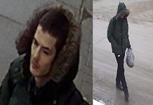 Police are seeking this suspect for an alleged street robbery in Peterborough on February 24, 2021. (Police-supplied photos)