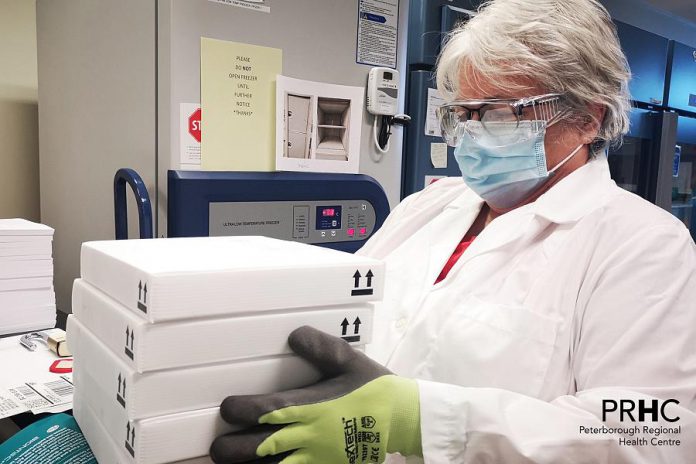 The first shipment of 5,850 doses of Pfizer-BioNTech COVID-19 vaccine arrive at Peterborough Regional Health Centre on February 23, 2021. (Supplied photo)