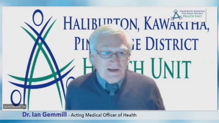 Dr. Ian Gemmill, acting medical officer of health for Haliburton, Kawartha, Pine Ridge District Health Unit, provided a virtual media briefing on the status of the pandemic in Kawartha Lakes, Northumberland, and Haliburton on March 3, 2021. (Screenshot)