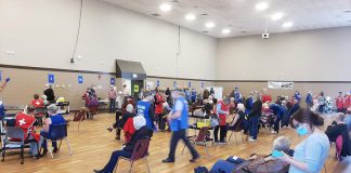 Residents 80 years of age and older receiving their first doses of the Pfizer vaccine at the COVID-19 immunization clinic in Peterborough on March 21, 2021. (Photo: Jeannine Taylor / kawarthaNOW)