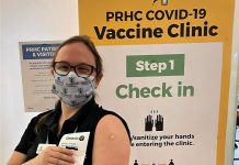 Laura Zielinski, a personal support worker at Hospice Peterborough, received her first dose of the COVID-19 vaccine on March 8, 2021 at Peterborough Regional Health Centre. (Photo courtesy of Hospice Peterborough)