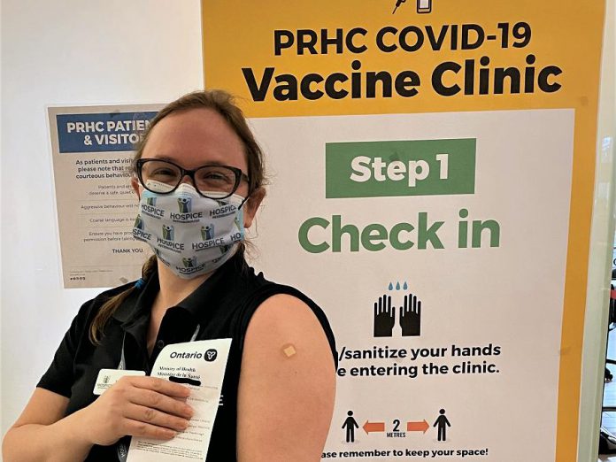 Laura Zielinski, a personal support worker at Hospice Peterborough, received her first dose of the COVID-19 vaccine on March 8, 2021 at Peterborough Regional Health Centre. (Photo courtesy of Hospice Peterborough)