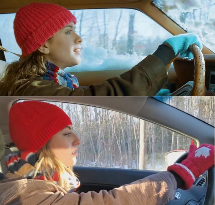 Alanis Morissette in the music video for her 1996 hit "Ironic" and Ashton Kelly in the pandemic parody video "Life in a Pandemic (don't it stink)". With a few calculated variations, the parody music video is almost a shot-for-shot recreation of Morissette's original music video.  (Screenshots)