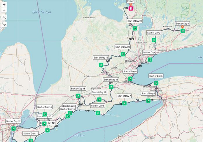 The route for the 1,800-kilometre 2021 Monarch Ultra Relay Run begins in Peterborough on September 19 and ends in Barrie on October 9. (Map: Monarch Ultra)