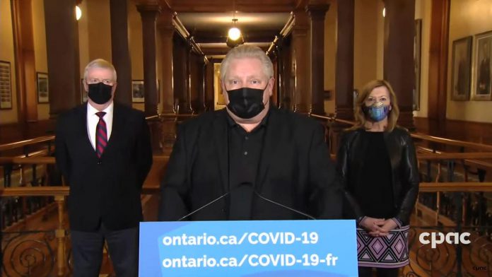 At a media conference at Queen's Park on March 14, 2021, Ontario Premier Doug Ford announces the province's new online booking system and customer service desk for making COVID-19 vaccination appointments at provincial mass immunization clinics will launch on March 15 for residents who are 80 years of age or older in 2021. (CPAC screenshot)