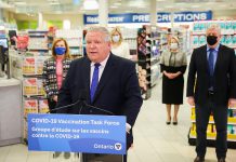 During a media conference at an Etobicoke pharamcy on March 19, 2021, Ontario premier Doug Ford announced the expansion of eligibility for COVID-19 vaccines to residents 75 years and older starting March 22. (Photo: Office of the Premier)