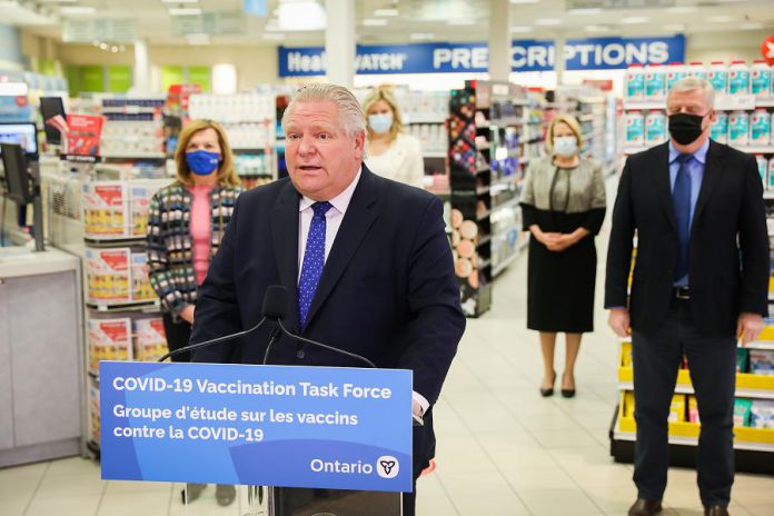 During a media conference at an Etobicoke pharamcy on March 19, 2021, Ontario premier Doug Ford announced the expansion of eligibility for COVID-19 vaccines to residents 75 years and older starting March 22. (Photo: Office of the Premier)