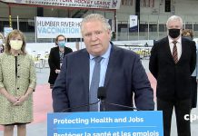 Ontario Premier Doug Ford responds to a reporter's question during a media conference about Ontario's COVID-19 vaccination plan in North York on March 30, 2021. (CPAC screenshot)