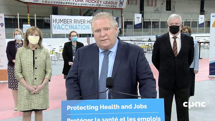 Ontario Premier Doug Ford responds to a reporter's question during a media conference about Ontario's COVID-19 vaccination plan in North York on March 30, 2021. (CPAC screenshot)