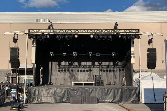 The outdoor stage in the Peterborough Memorial Centre parking lot in September 2020. Jim Cuddy performing at a drive-in concert in in the Peterborough Memorial Centre parking lot in September 2020. (Photo: Kate O'Neill)