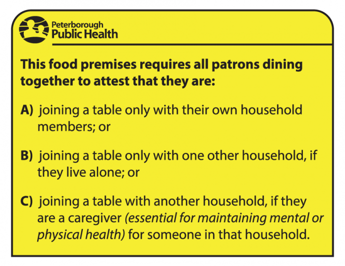 A poster supplied by Peterborough Public Health for area restaurants. (Graphic: Peterborough Public Health)