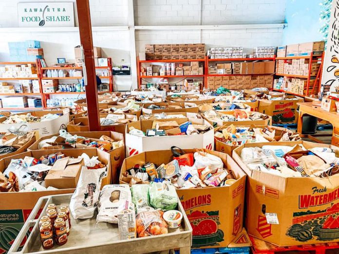Some of the 13,560 pounds of food collected for Kawartha Food Share in October 2020 during the "Spare a Square #2" food drive. The shelves at Kawartha Food Share need to be retocked, and the organizers behind "Spare a Square" are back for 2021 with a business-to-business challenge to collect at least 20,000 pounds of food on Friday, April 9th, followed by a Peterborough-wide porch food drive on Saturday, April 10th. (Photo: Kawartha Food Share / Facebook)