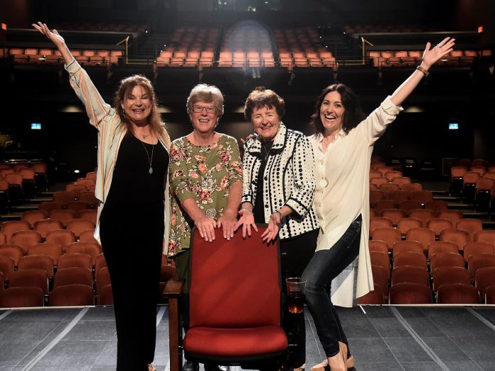 In a photo from August 2019, former Showplace board chairs and current volunteers Pat Hooper and Beth McMaster (middle) launch a capital fundraising campaign for much-needed renovations at the downtown Peterborough performance venue, including replacing 647 aging seats in the Erica Cherney Theatre, with the support of local celebrities Linda Kash and Megan Murphy. (Photo courtesy of Showplace Performance Centre)