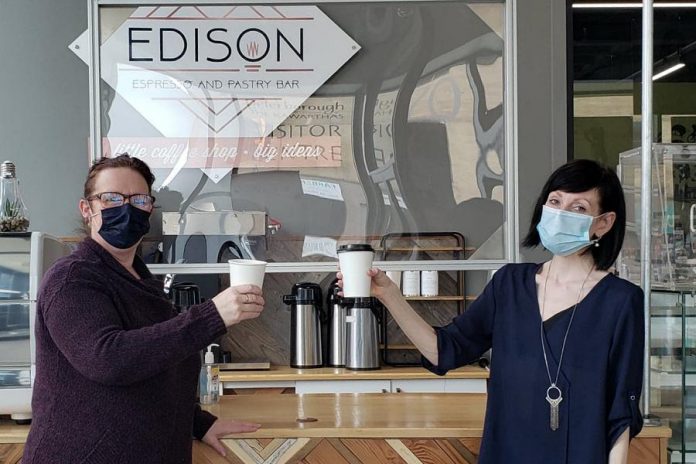 Local entrepreneur Tracey Ormond (left) has purchased The Edison Espresso and Pastry Bar in downtown Peterborough from Lindsay Brock, who founded the popular coffee shop in 2018. Ormond will reopen The Edison with a new menu on March 8, 2021, while Brock will continue to supply The Edison with coffee bean blends through her new business Covet Coffee & Tea. (Photo courtesy of Lindsay Brock and Tracey Ormond)