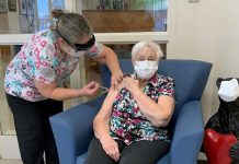 Lorraine Button, a resident of Pinecrest Nursing Home in Bobcaygeon, received her first dose of the Moderna COVID-19 vaccine on January 27, 2021. As of March 3, around 1,700 residents of long-term care homes in Kawartha Lakes, Northumberland, and Haliburton are fully vaccinated against COVID-19. (Photo: Haliburton, Kawartha, Pine Ridge District Health Unit / Facebook)