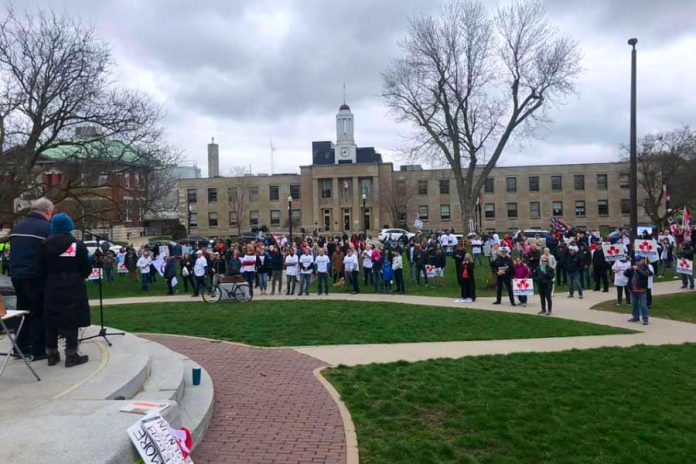 A recent anti-lockdown protest in front of Peterborough City Hall. (Photo: Tyler Berry / No More Lockdowns Peterborough Facebook group)