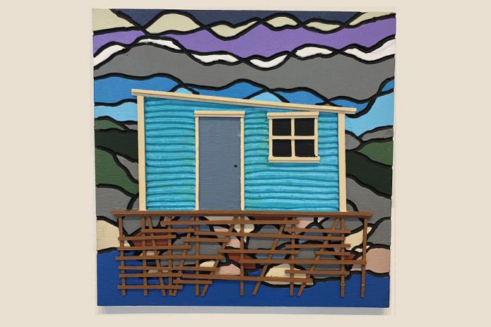 "Uncle George's Hut" (acrylic on routered plywood with balsa wood strips) by Bronson Smith, one of the many local artists participating in the Artspace 50/50 Auction, which takes place online from April 26 to May 6, 2021. Proceeds from the auction are split equally between participating artists and the non-profit artist-run centre. (Photo: Bec Groves / Artspace)