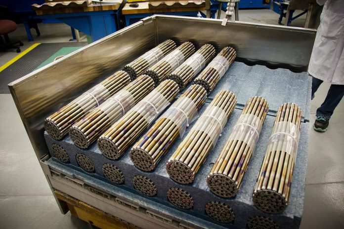 BWXT's Toronto plant produces natural and depleted uranium dioxide pellets. The company's Peterborough plant uses the pellets and in-house manufactured zirconium alloy tubes to assemble fuel bundles (pictured) for nuclear power reactors. The Canadian Nuclear Safety Commission has approved a 10-year operating licence for BWXT that also authorizes the company to move its fuel pellet manufacturing operation to Peterborough. (Photo: BWXT Nuclear Energy Canada Inc.)