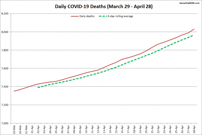 COVID-19 deaths in Ontario from March 29 - April 28, 2021. The red line is the cumulative number of daily deaths, and the dotted green line is a five-day rolling average of daily deaths. (Graphic: kawarthaNOW.com)