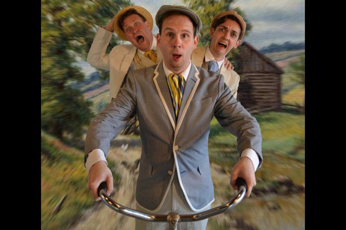 In the hilarious fringe theatre hit "Three Men on a Bike", David Difrancesco, Matt Pilipiak, and Victor Pokinko play a trio of hapless upper-middle class gentlemen who get caught up in the great European bicycling craze at the end of the 19th century. The play, running July 6th to 17th, is one of eight productions planned at Globus Theatre at the Lakeview Arts Barn in Bobcaygeon this summer. (Photo: Pea Green Theatre Group)