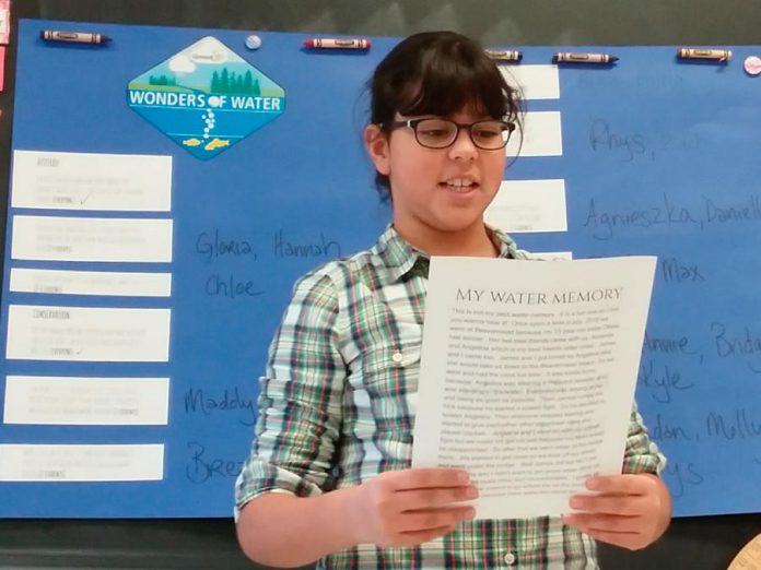 The 2021 Peterborough Children's Water Festival, which heads online during May, will conclude by sharing the experiences of students and schools with GreenUP's Wonders of Water program. Pictured is Agnieszka sharing her favourite water memory with her fellow grade 5 classmates at Monsignor O'Donoghue in Peterborough in 2019. (Photo: Karen O'Krafka)