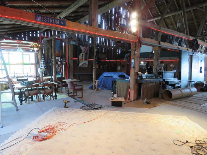 Preparing the stage for the third season of the Live! at the Barn series at Andy and Linda Tough's Norwood-area barn studio space. As a film production, there will be no live audience and Mylar screens will separate the singers on stage. The third season will have enhanced video and audio thanks to upgraded equipment and technology. (Photo courtesy of Andy and Linda Tough)